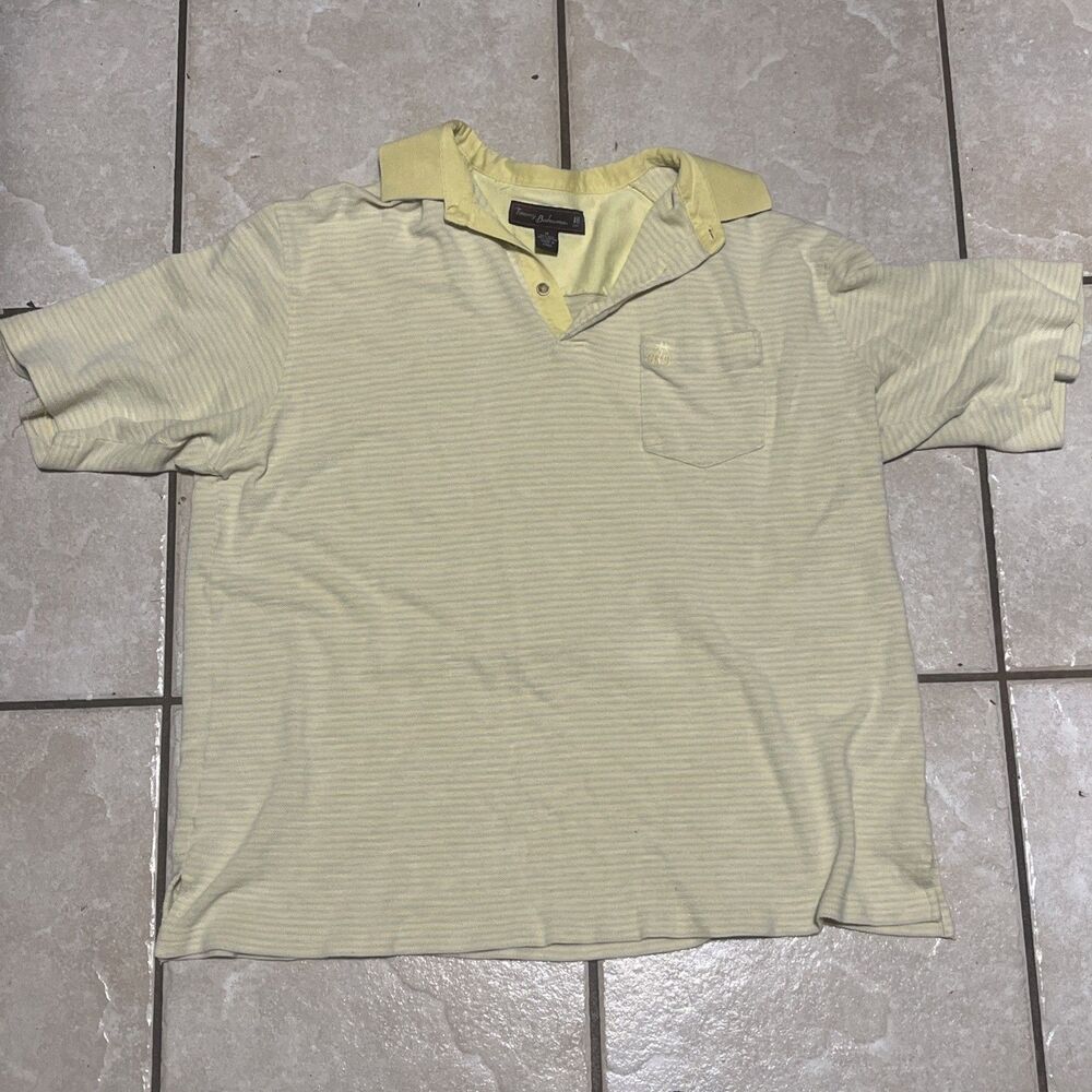 Tommy Bahama 18 Golf Polo Shirt Men's M Yellow Silk Blend Stripe Reverse Print